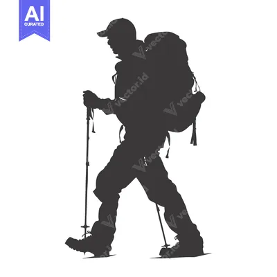 Aset desain premium: Silhouette of a Hiker with Backpack and Trekking Poles