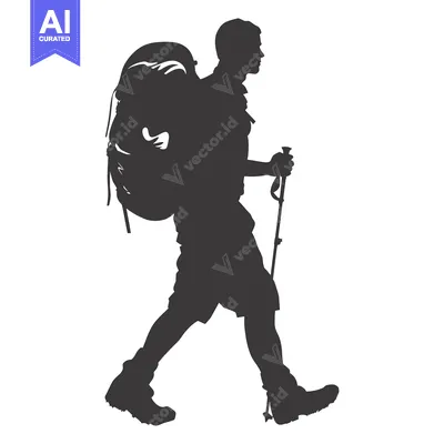 Aset desain premium: Silhouette of a Hiker with a Backpack and Trekking Poles