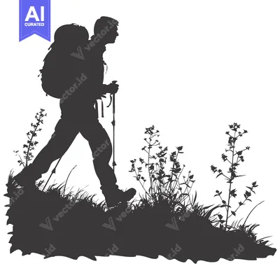 Aset premium populer: Silhouette of a hiker with a backpack and hiking poles walking through
