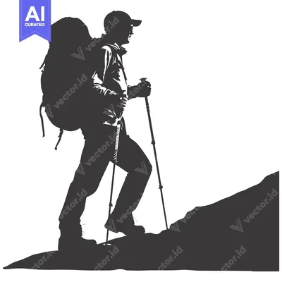 Premium design asset: Silhouette of a hiker with a backpack, walking uphill with trekking po