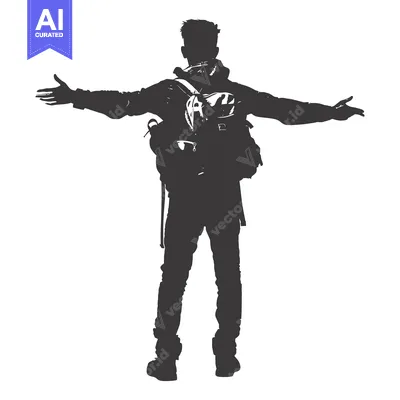 Premium design asset: Silhouette of a man with a backpack, standing with arms outstretched