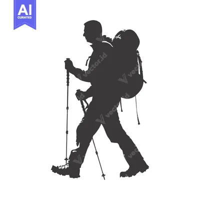 Aset desain premium: Silhouette of a hiker with a backpack and trekking poles