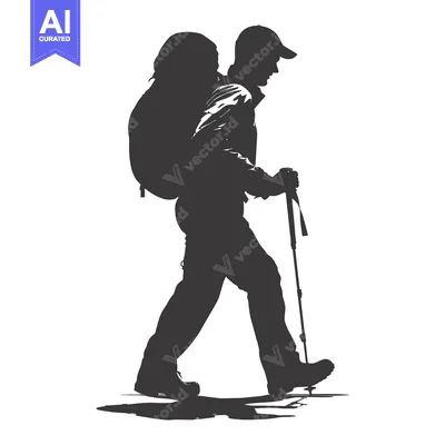 Aset premium populer: Silhouette of a Person Hiking with a Backpack and Trekking Pole