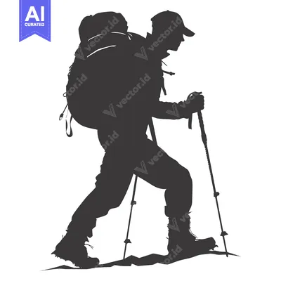 Aset premium populer: Silhouette of a Hiker with a Backpack and Trekking Poles