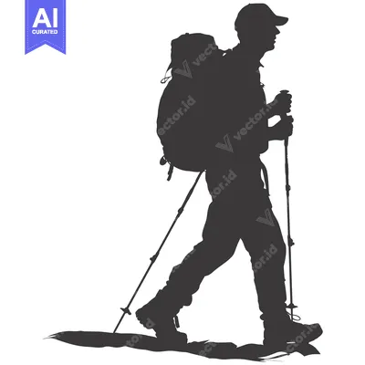Aset desain premium: Silhouette of a Hiker with Backpack and Trekking Poles