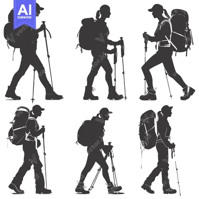 Aset premium populer: Silhouettes of Six Female Hikers with Backpacks and Trekking Poles