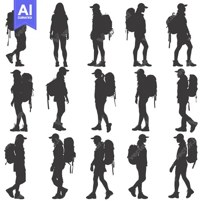 Premium design asset: Silhouettes of Hikers with Backpacks in Various Poses