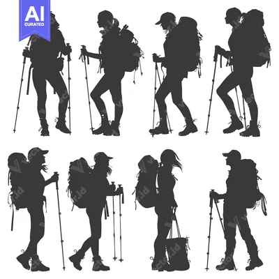 Aset premium populer: Eight Silhouettes of Hikers with Backpacks and Trekking Poles