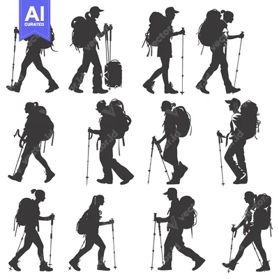 Premium design asset: Silhouettes of Hikers with Backpacks and Trekking Poles