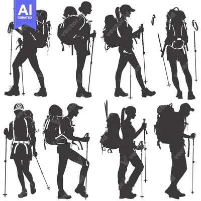 Aset premium populer: Silhouettes of Hikers with Backpacks and Trekking Poles