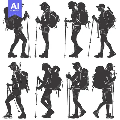 Aset desain premium: Silhouettes of Eight Hikers with Backpacks and Hiking Sticks