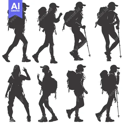 Aset premium populer: Silhouettes of Eight Female Hikers With Backpacks
