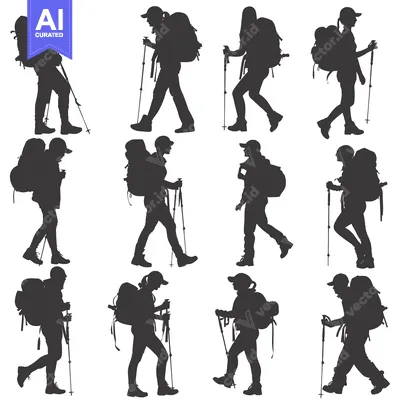 Aset desain premium: Silhouettes of Hikers with Backpacks and Trekking Poles