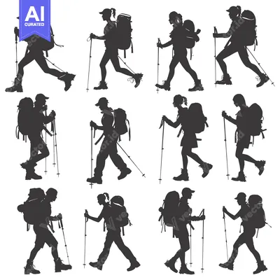 Aset desain premium: Silhouettes of Backpackers Hiking with Trekking Poles