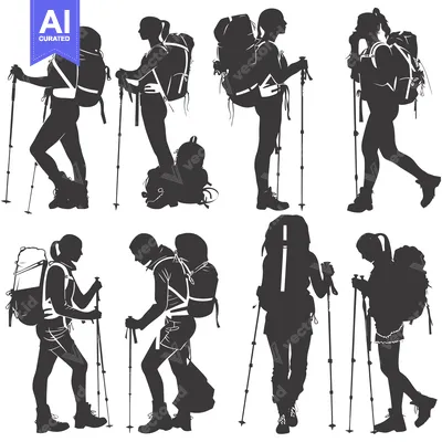 Aset premium populer: Six Silhouettes of Hikers with Backpacks and Trekking Poles