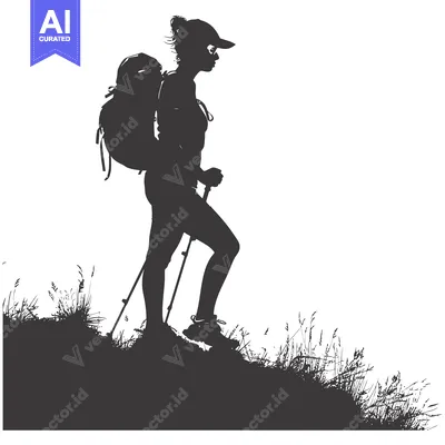 Aset premium populer: Silhouette of a Female Hiker with Backpack and Walking Stick