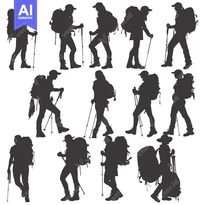 Aset premium populer: Silhouettes of Hikers with Backpacks and Trekking Poles
