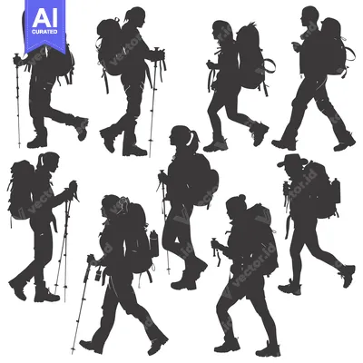 Aset premium populer: Silhouettes of Eight Hikers with Backpacks and Trekking Poles