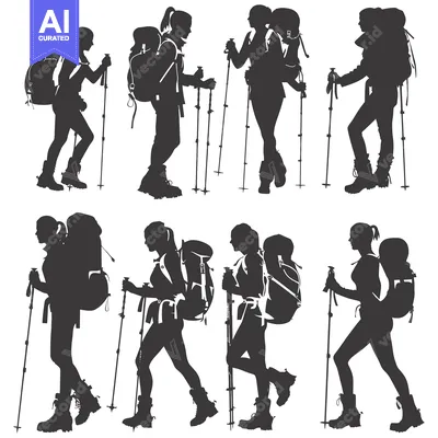 Aset desain premium: Silhouettes of Eight Hikers with Backpacks and Trekking Poles