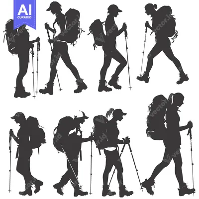 Aset premium populer: Silhouettes of Hikers with Backpacks and Trekking Poles