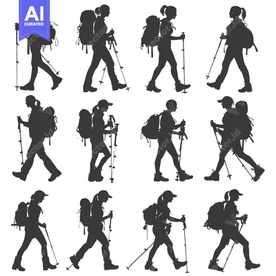 Aset desain premium: Silhouettes of Hikers with Backpacks and Trekking Poles