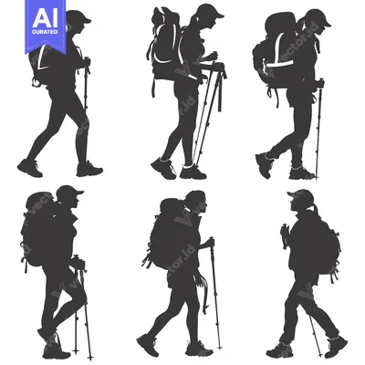 Aset desain premium: Six Silhouettes of Female Hikers with Backpacks and Trekking Poles