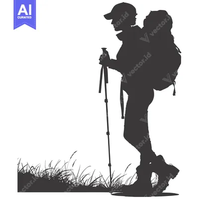 Aset premium populer: Silhouette of a Female Hiker with a Backpack and Hiking Stick