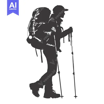 Popular premium asset: Silhouette of a hiker with a backpack and hiking poles