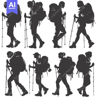 Aset premium populer: Silhouettes of Eight Hikers with Backpacks and Trekking Poles
