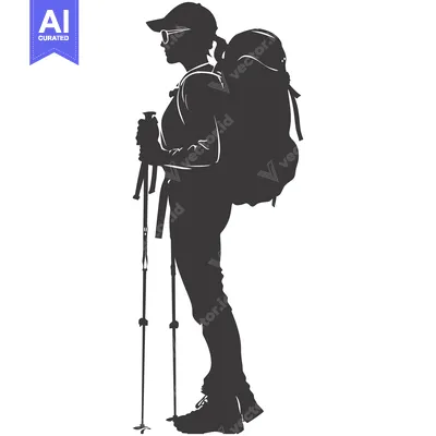Aset desain premium: Silhouette of a female hiker with a backpack and trekking poles