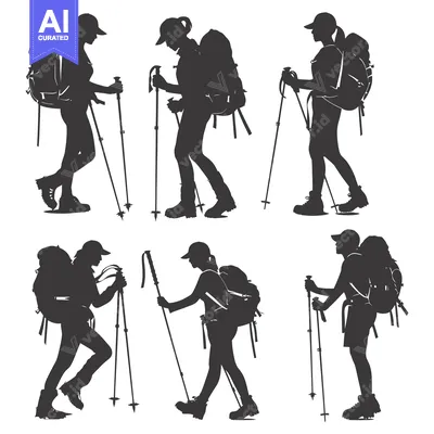 Aset desain premium: Silhouettes of Six Female Hikers with Backpacks and Trekking Poles