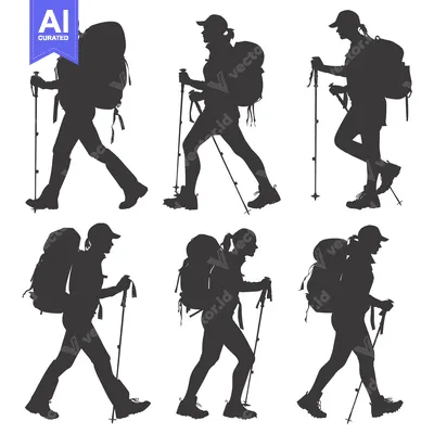 Aset desain premium: Six Silhouettes of Hikers with Backpacks and Trekking Poles