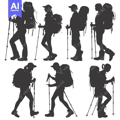 Aset desain premium: Silhouettes of Hikers with Backpacks and Trekking Poles