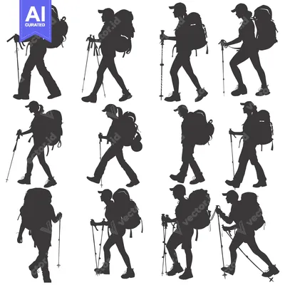 Aset premium populer: Silhouettes of Hikers with Backpacks and Trekking Poles