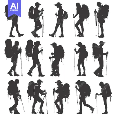 Aset desain premium: Silhouettes of Hikers with Backpacks and Trekking Poles