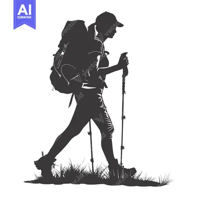 Aset desain premium: Silhouette of a Female Backpacker Hiking with Trekking Poles