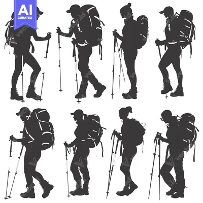 Premium design asset: Silhouettes of Eight Hikers with Backpacks and Trekking Poles