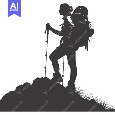 Premium design asset: Silhouette of a Woman Hiking on a Mountain with a Backpack and Trekkin