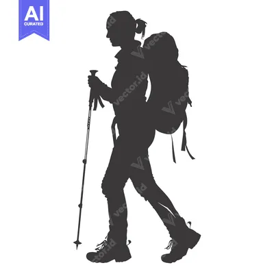 Premium design asset: Silhouette of a Woman Hiking with a Backpack and Trekking Pole
