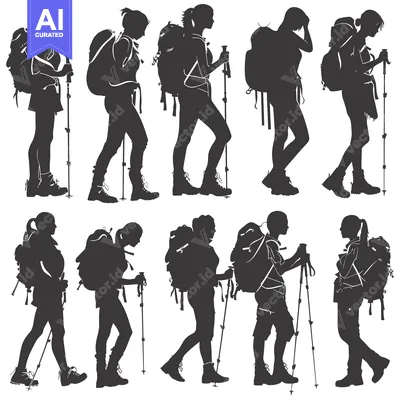 Aset premium populer: Silhouettes of Women Hiking with Backpacks and Trekking Poles