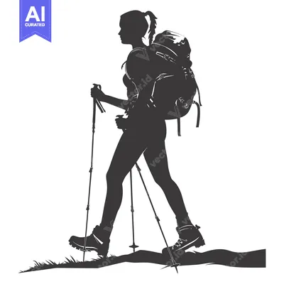 Aset premium populer: Silhouette of a Female Backpacker Walking with Trekking Poles