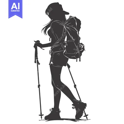 Aset premium populer: Silhouette of a Female Hiker with a Backpack and Trekking Poles