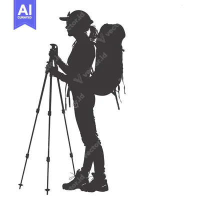 Aset desain premium: Silhouette of a female hiker with a backpack and trekking poles
