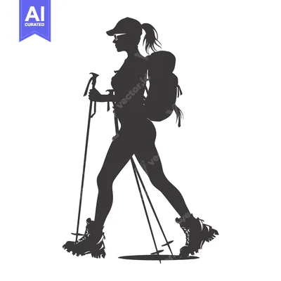 Aset desain premium: Silhouette of a Woman Hiking with a Backpack and Trekking Poles