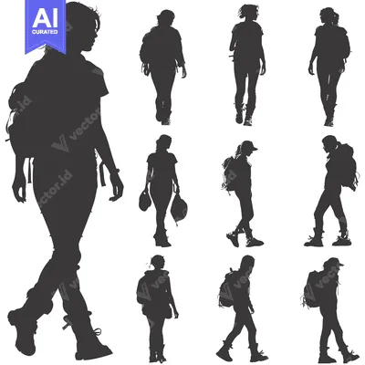 Aset desain premium: Silhouettes of Nine Women Walking With Backpacks