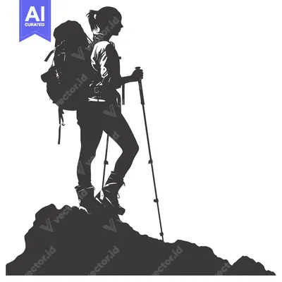 Popular premium asset: Silhouette of a Female Hiker with Backpack and Trekking Poles on a Mou