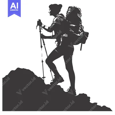 Aset premium populer: Silhouette of a Woman Hiking with a Backpack and Hiking Poles