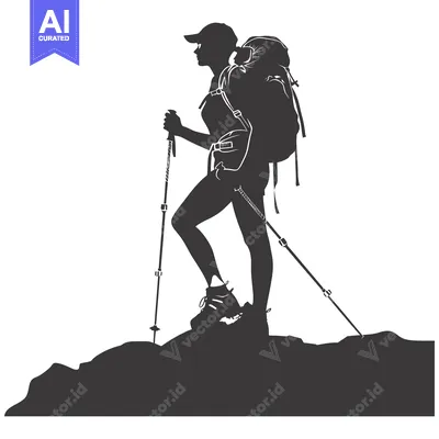 Silhouette of a Female Hiker with Backpack and Trekking Poles on a Mou
