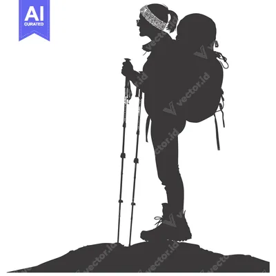 Popular premium asset: Silhouette of a female hiker with a backpack and trekking poles standi