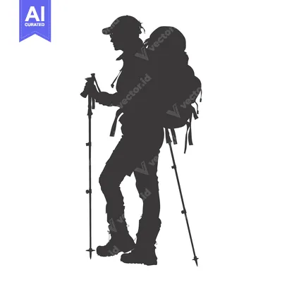 Aset desain premium: Silhouette of a Female Backpacker with Trekking Poles